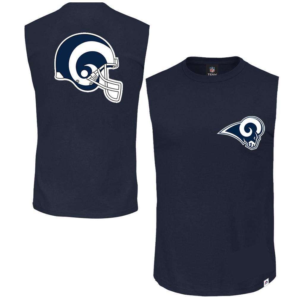 Majestic Athletic T-Shirts Los Angeles Rams Majestic NFL Helmet Logo Sleeveless Muscle T-Shirt - Navy