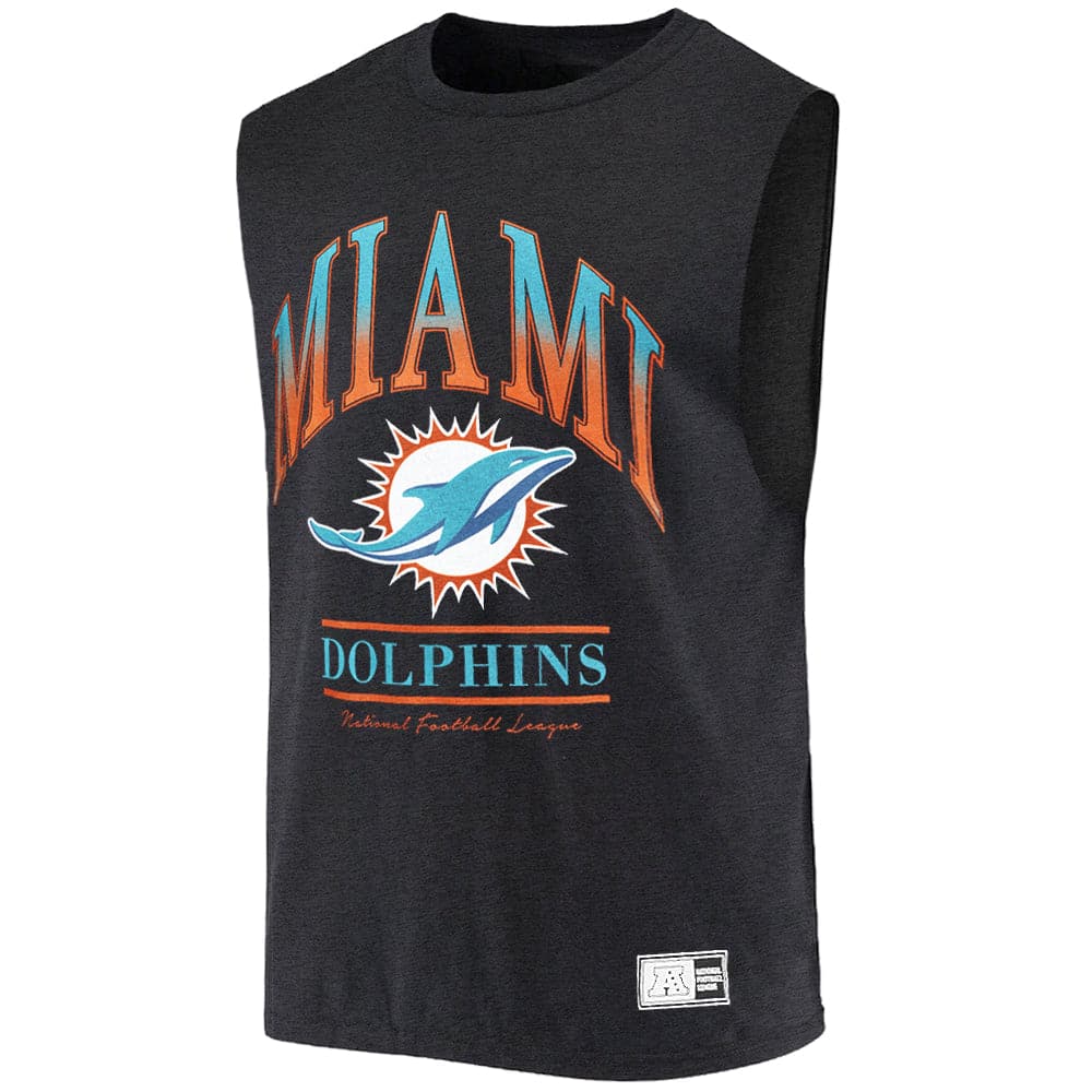 Majestic Athletic T-Shirts Miami Dolphins Majestic NFL Gradient Arch Vintage Muscle T-Shirt - Faded Black