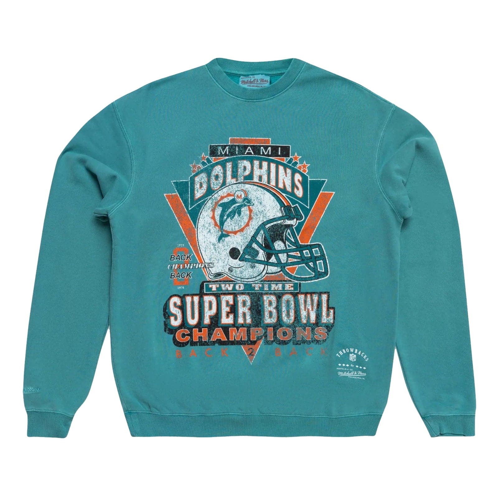 Mitchell And Ness Jumpers Miami Dolphins Mitchell & Ness NFL Back 2 Back Champs Vintage Crew Jumper - Faded Teal
