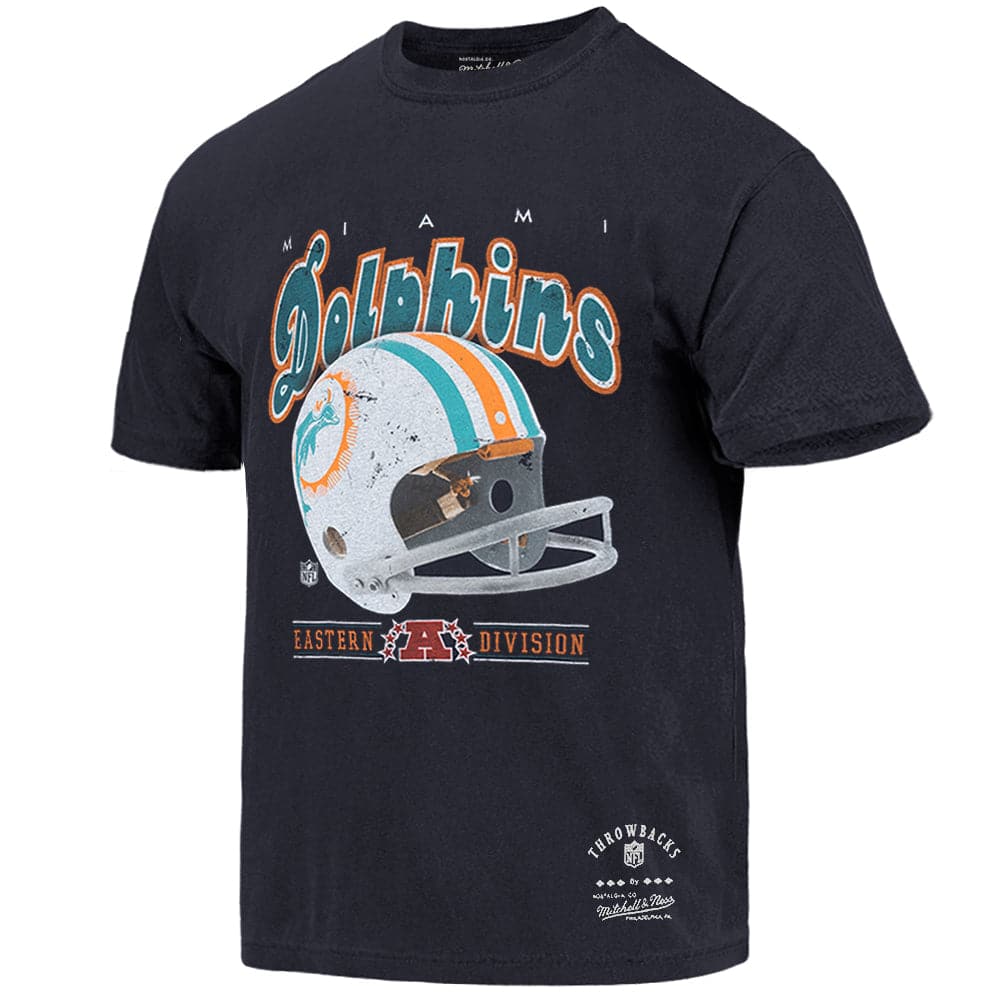 Mitchell And Ness T-Shirts Miami Dolphins Mitchell & Ness NFL Throwback Helmet Vintage T-Shirt - Faded Black