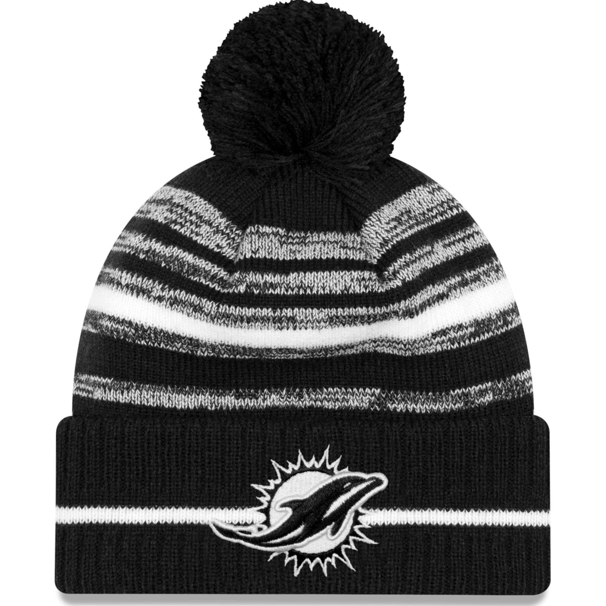 New Era Beanies Miami Dolphins New Era NFL 2021 Sideline Black & White Pom Knit Beanie - Black