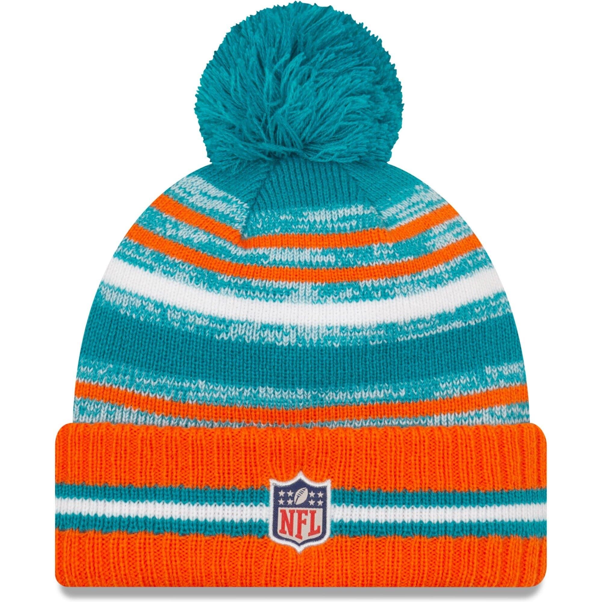 New Era Beanies Miami Dolphins New Era NFL 2021 Sideline Team Pom Knit Beanie - Turquoise