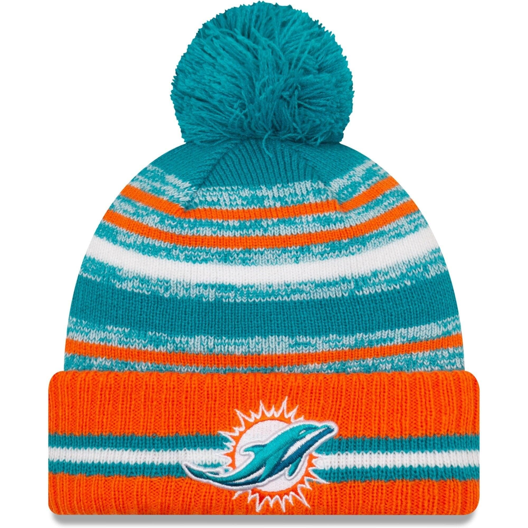 New Era Beanies Miami Dolphins New Era NFL 2021 Sideline Team Pom Knit Beanie - Turquoise
