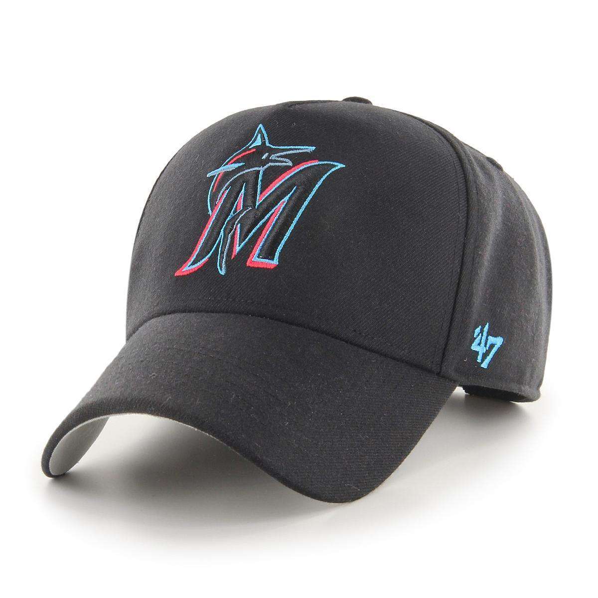 47 Brand Caps Miami Marlins '47 MLB Team Logo MVP DT Pinch Curve Snapback Hat - Black