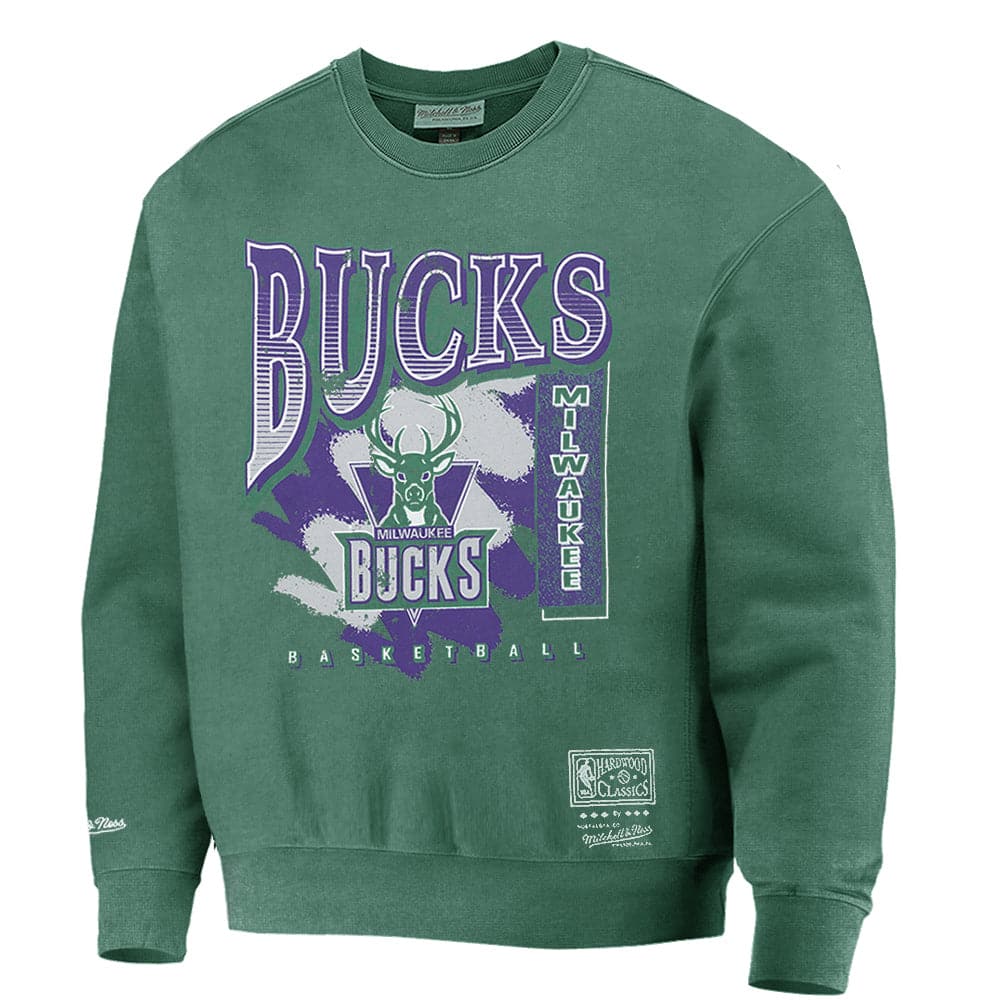 Mitchell And Ness Jumpers Milwaukee Bucks Mitchell & Ness NBA Paint Brush Crew Jumper - Faded Green