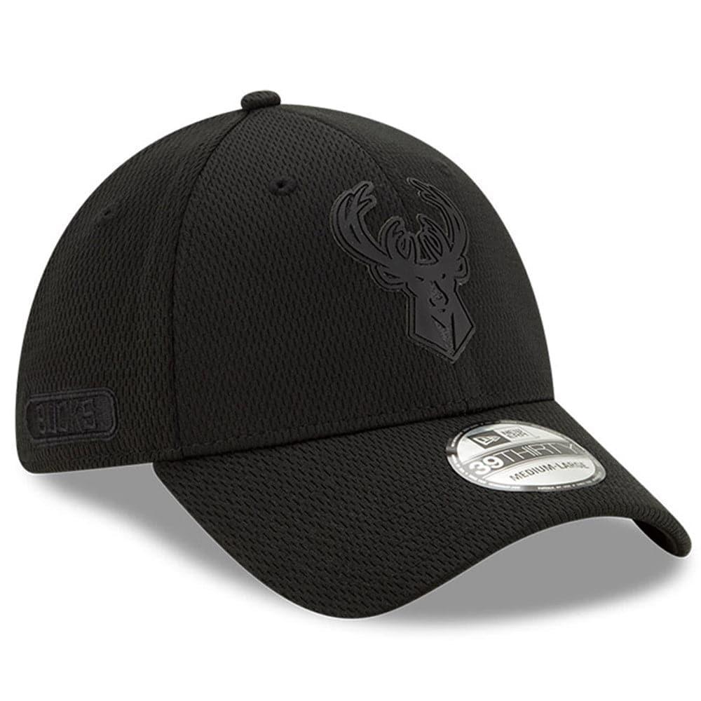 New Era Caps Milwaukee Bucks New Era NBA 2020 Back Half Black On Black 39THIRTY Flex Fit Curve Hat