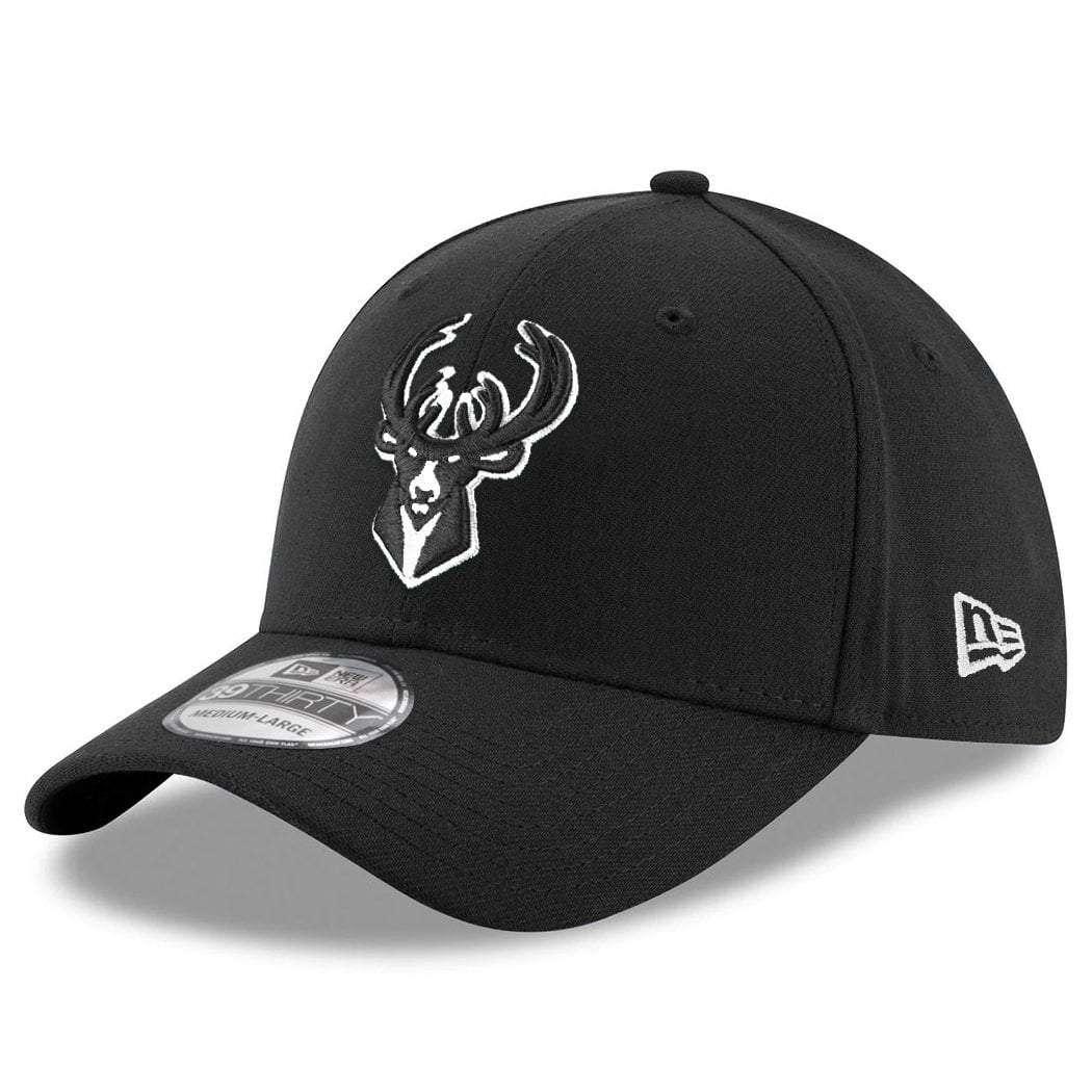 New Era Caps Milwaukee Bucks New Era NBA Black & White 39THIRTY Stretch-Fit Curve Hat