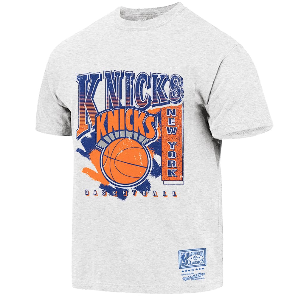 Mitchell And Ness T-Shirts New York Knicks Mitchell & Ness NBA Brush Off Vintage T-Shirt - White Marle