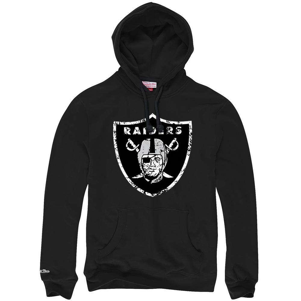 Mitchell And Ness Jumpers Oakland Raiders Mitchell & Ness NFL Distressed Logo Hoodie Jumper - Black