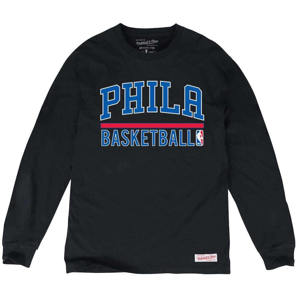 Mitchell And Ness Long Sleeve Tees S Philadelphia 76ers Mitchell & Ness NBA Stacked Long Sleeve T-Shirt - Black