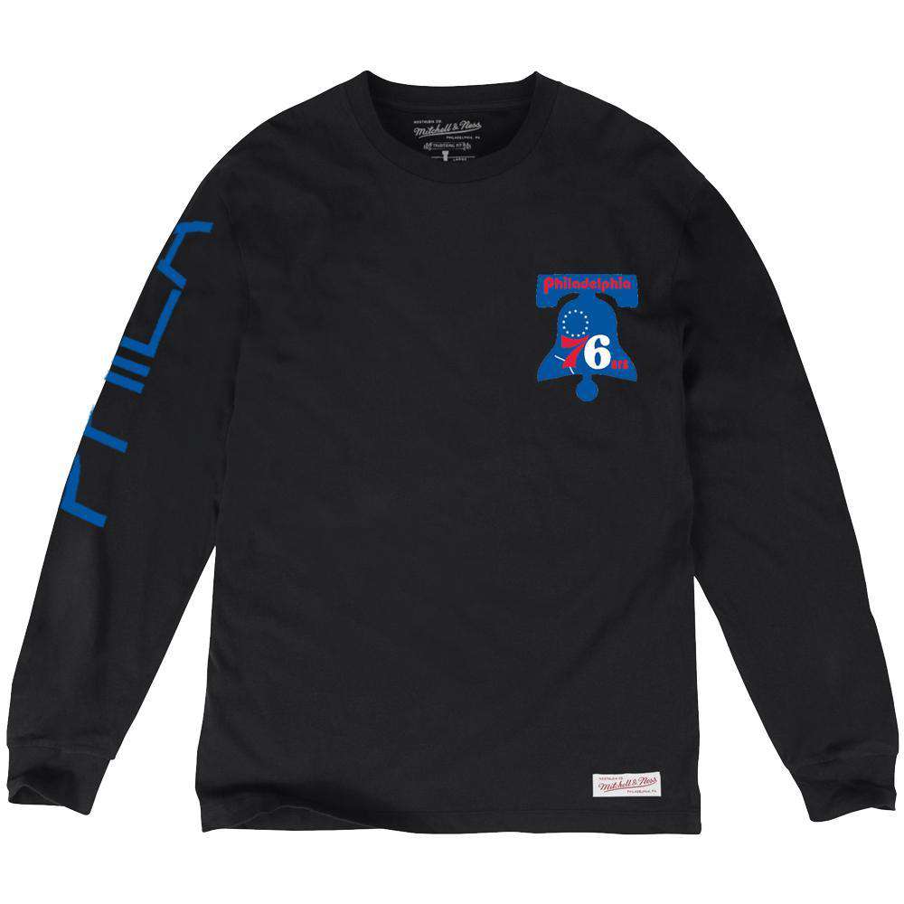 Mitchell And Ness Long Sleeve Tees Philadelphia 76ers Mitchell & Ness NBA Wordmark Long Sleeve T-Shirt - Black
