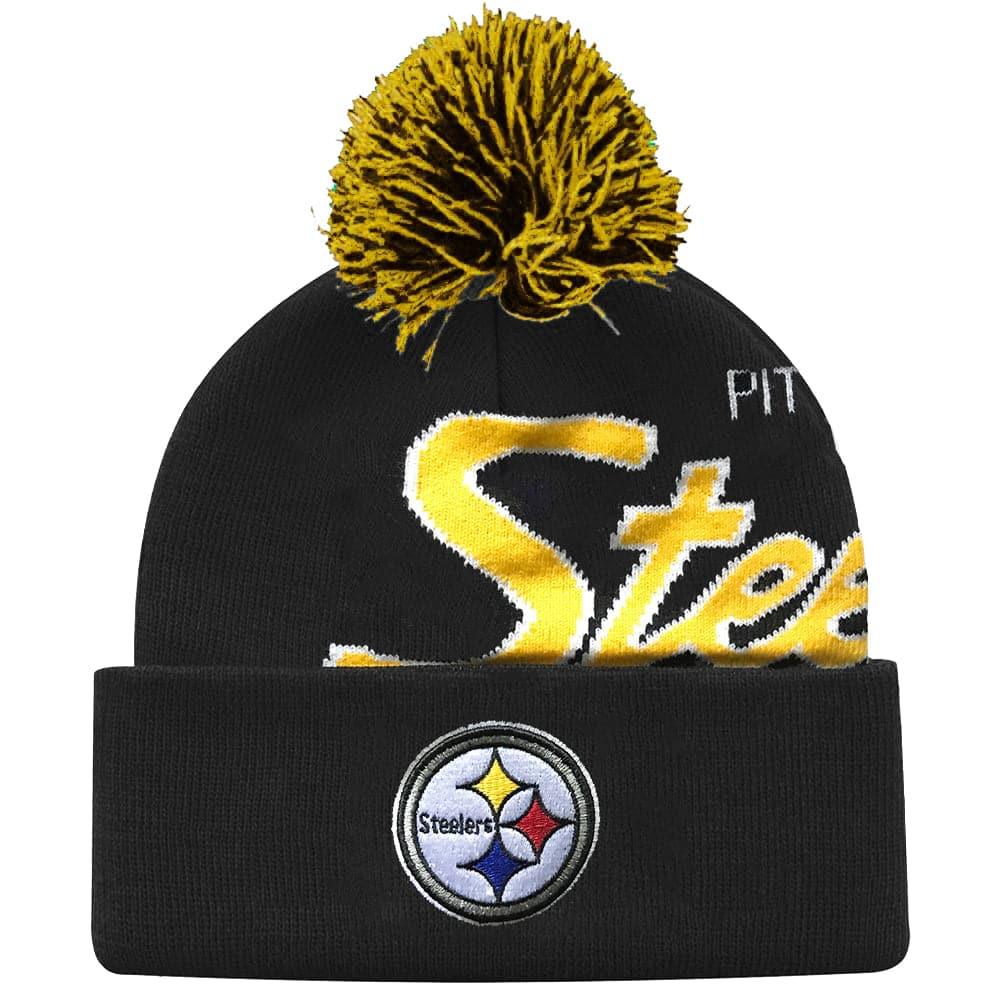 Mitchell And Ness Beanies Pittsburgh Steelers Mitchell & Ness NFL Script Burst Pom Knit Beanie - Black