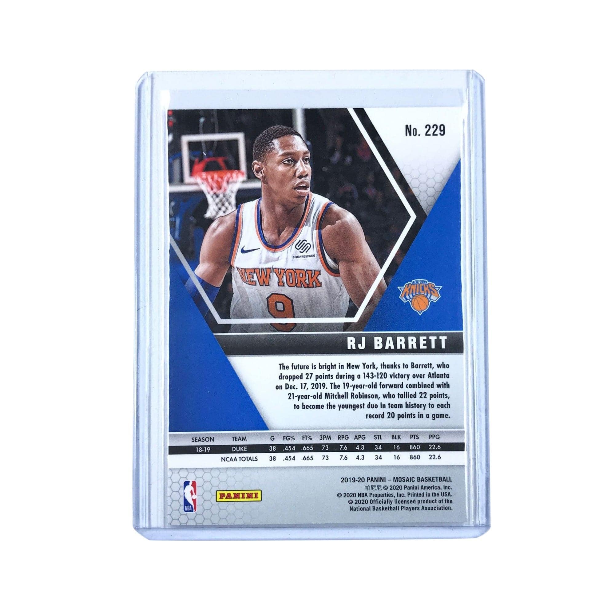 Panini Cards RJ Barrett New York Knicks 2019-20 Panini Mosaic NBA Base Rookie 229 Card