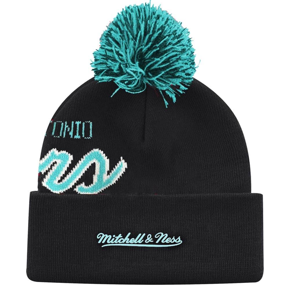 Mitchell And Ness Beanies San Antonio Spurs Mitchell & Ness NBA Script Burst Pom Knit Beanie - Black