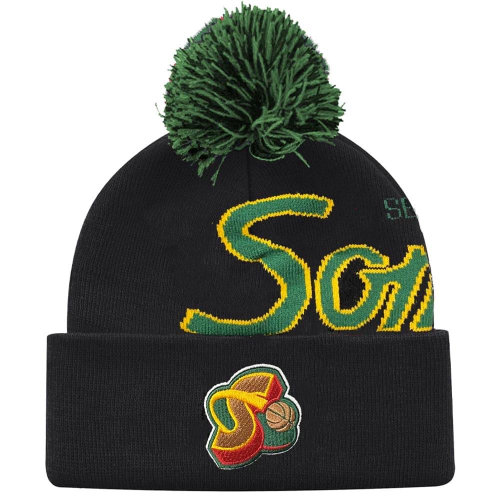 Mitchell And Ness Beanies Seattle Supersonics Mitchell & Ness NBA Script Burst Pom Knit Beanie - Black