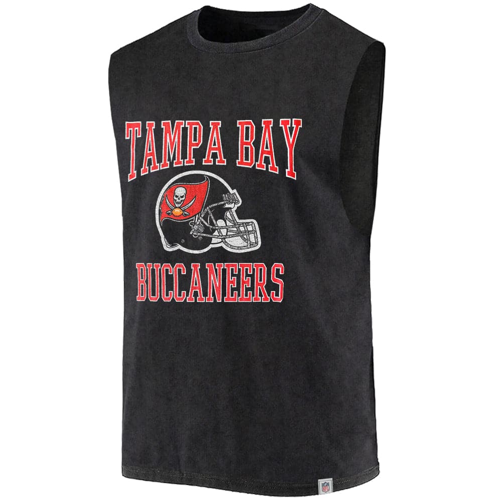 Majestic Athletic T-Shirts Tampa Bay Buccaneers Majestic NFL Helmet Arch Snow Wash Vintage Muscle T-Shirt - Faded Black